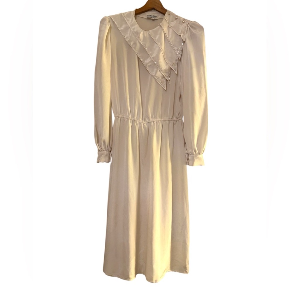 IN THE MOOD 80s Ivory LS Midi Shift Dress w/Sequins Embroidery & Pearls Sz 12 - Picture 3 of 8